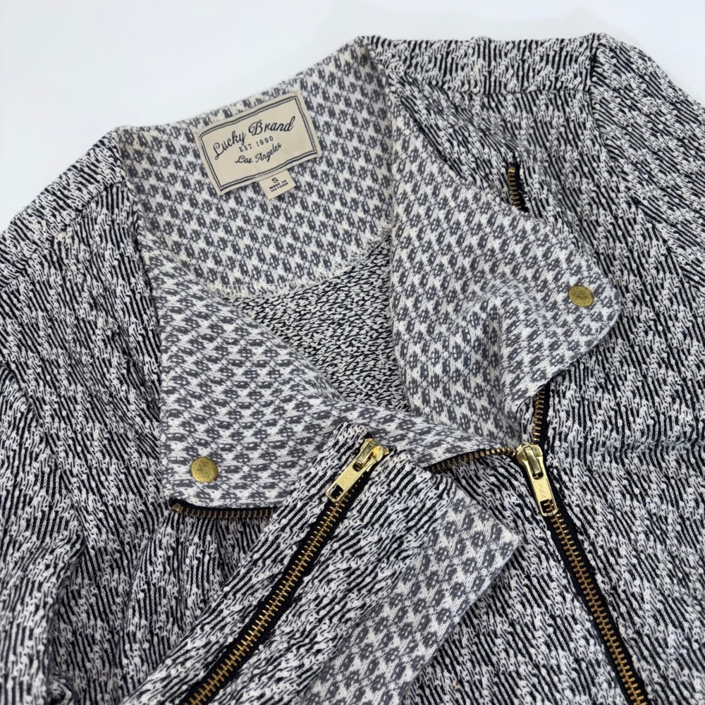 Lucky Brand Womens Small Black White Geometric Knit Moto Jacket Full Zip Sweater
